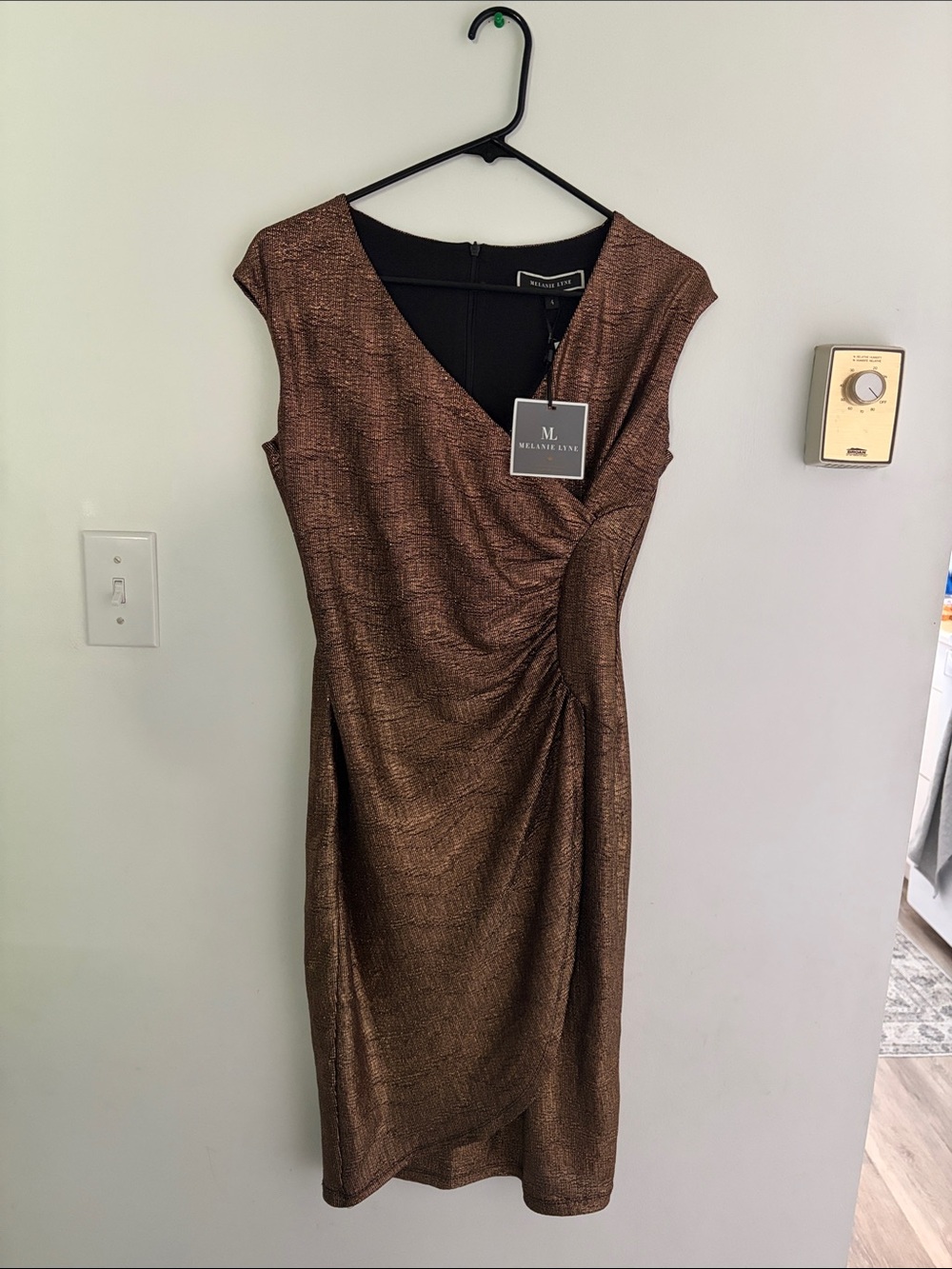 Metallic Bronze Faux-Wrap Midi Dress by Melanie Lyne